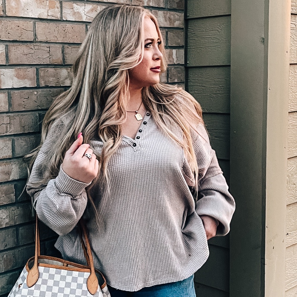 We The Free Taupe Waffle Long Sleeve Top